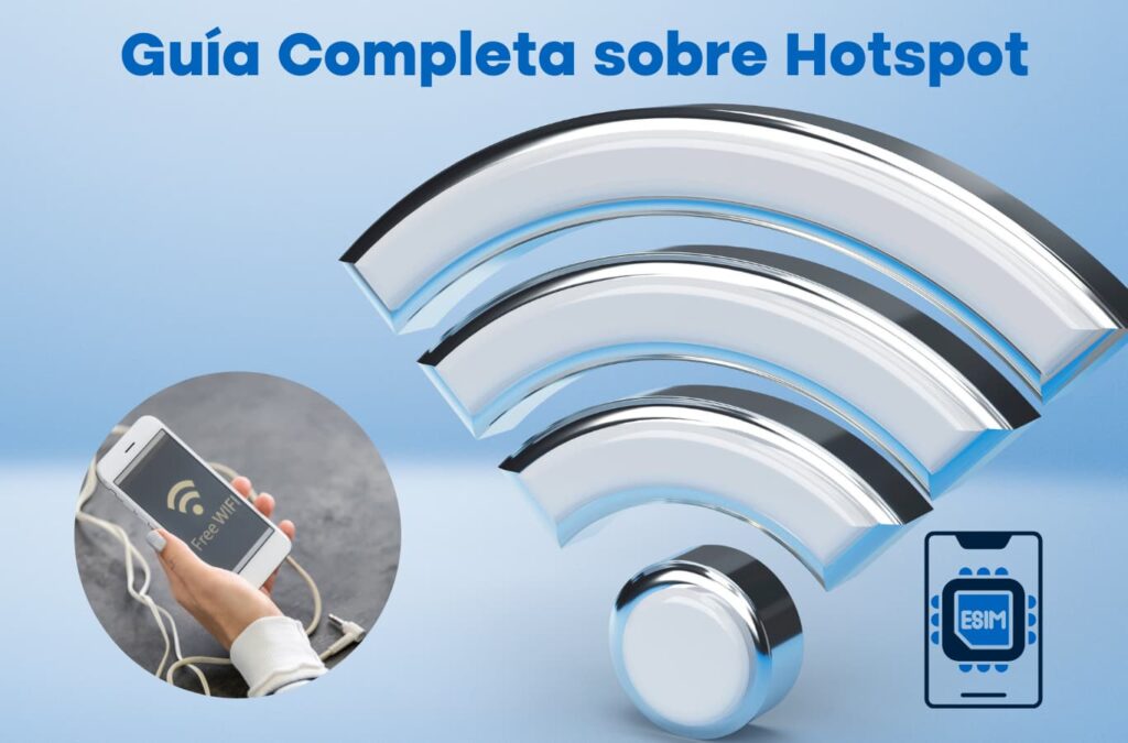 Logo de Wi-Fi y mano sosteniendo un teléfono celular mientras comparte conexión con un Hotspot activo